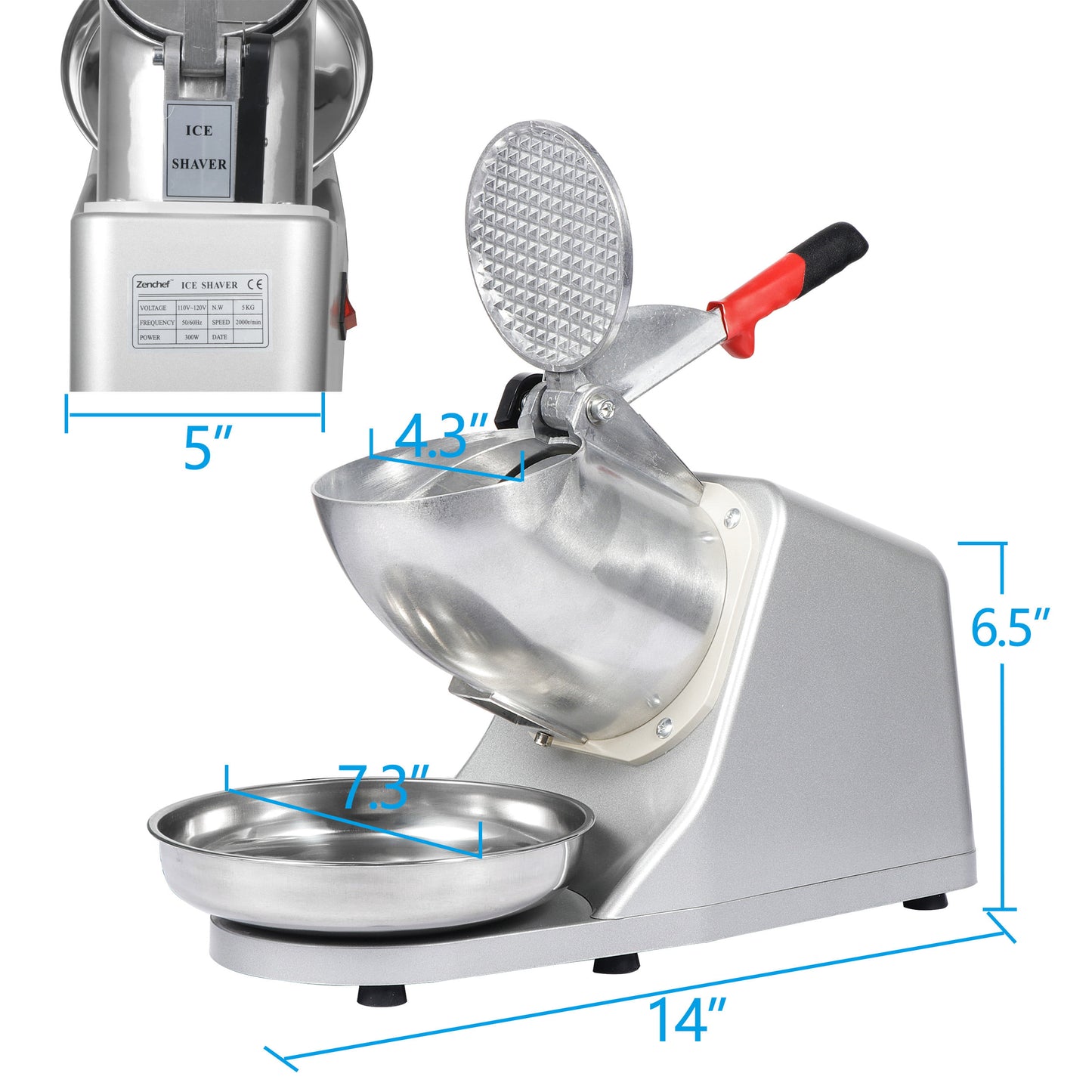 ZENY 300w Ice Shaver Machine Ice Crusher Electric Snow Cone Maker Stainless Steel Shaving